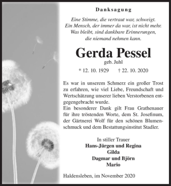 Traueranzeige von Gerda Pessel (geb. Juhl)  von Magdeburger Volksstimme