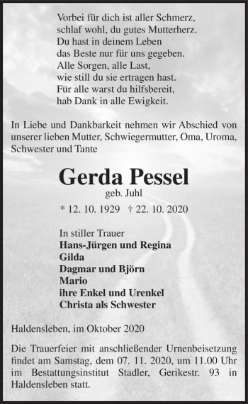 Traueranzeige von Gerda Pessel (geb. Juhl)  von Magdeburger Volksstimme
