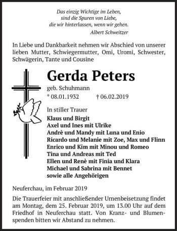 Traueranzeige von Gerda Peters (geb. Schuhmann)  von Magdeburger Volksstimme