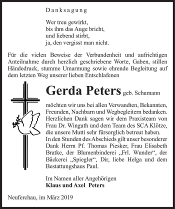 Traueranzeige von Gerda Peters (geb. Schuhmann)  von Magdeburger Volksstimme