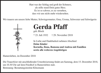 Traueranzeige von Gerda Pfaff (geb. Bloch)  von Magdeburger Volksstimme