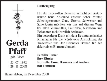 Traueranzeige von Gerda Pfaff (geb. Bloch)  von Magdeburger Volksstimme