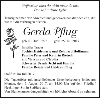 Traueranzeige von Gerda Pflug  von Magdeburger Volksstimme