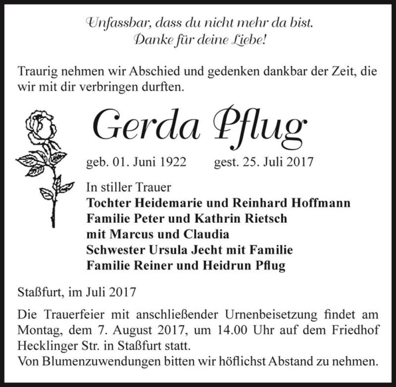  Traueranzeige für Gerda Pflug  vom 29.07.2017 aus Magdeburger Volksstimme