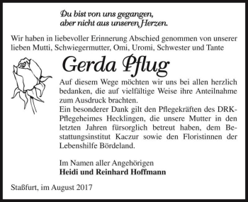 Traueranzeige von Gerda Pflug  von Magdeburger Volksstimme