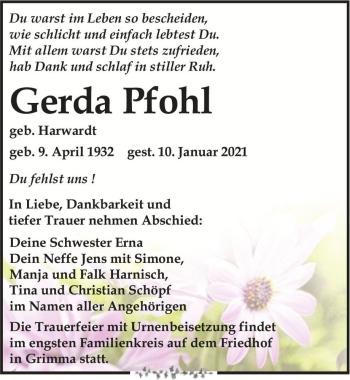 Traueranzeige von Gerda Pfohl (geb. Harwardt)  von Magdeburger Volksstimme