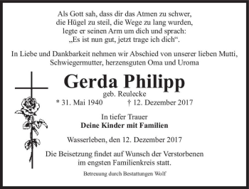 Traueranzeige von Gerda Philipp (geb. Reulecke)  von Magdeburger Volksstimme