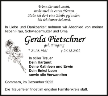 Traueranzeige von Gerda Pietschner (geb. Freigang)  von Magdeburger Volksstimme