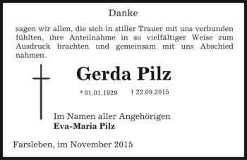 Traueranzeige von Gerda Pilz  von Magdeburger Volksstimme