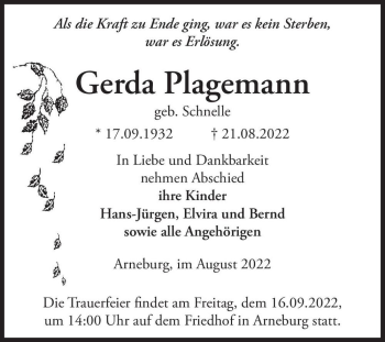 Traueranzeige von Gerda Plagemann (geb. Schnelle)  von Magdeburger Volksstimme