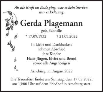 Traueranzeige von Gerda Plagemann (geb. Schnelle)  von Magdeburger Volksstimme