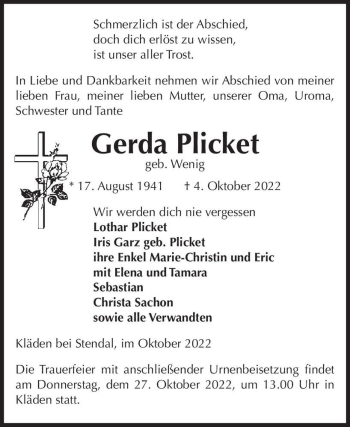 Traueranzeige von Gerda Plicket (geb. Wenig)  von Magdeburger Volksstimme