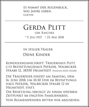 Traueranzeige von Gerda Plitt (geb. Raschke)  von Magdeburger Volksstimme