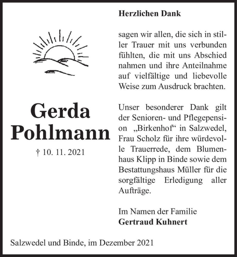  Traueranzeige für Gerda Pohlmann  vom 18.12.2021 aus Magdeburger Volksstimme