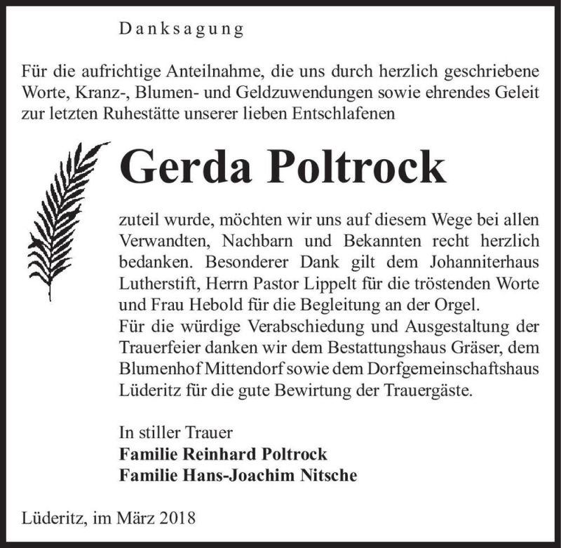  Traueranzeige für Gerda Poltrock  vom 16.03.2018 aus Magdeburger Volksstimme