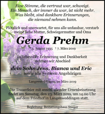 Traueranzeige von Gerda Prehm  von Magdeburger Volksstimme