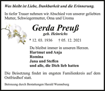 Traueranzeige von Gerda Preuß (geb. Heinrichs)  von Magdeburger Volksstimme
