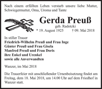 Traueranzeige von Gerda Preuß (geb. Radotzki)  von Magdeburger Volksstimme