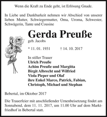 Traueranzeige von Gerda Preuße (geb. Jacobs)  von Magdeburger Volksstimme