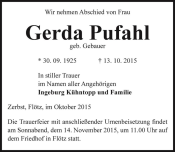 Traueranzeige von Gerda Pufahl (geb. Gebauer)  von Magdeburger Volksstimme