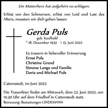 Traueranzeige von Gerda Puls (geb. Kaufhold)  von Magdeburger Volksstimme