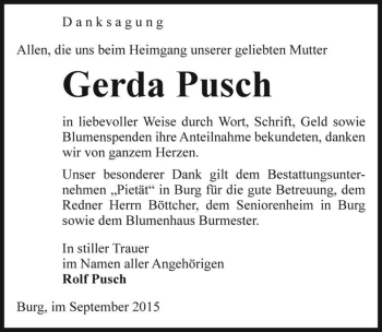 Traueranzeige von Gerda Pusch  von Magdeburger Volksstimme