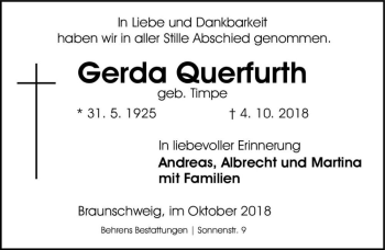 Traueranzeige von Gerda Querfurth (geb. Timpe)  von Magdeburger Volksstimme