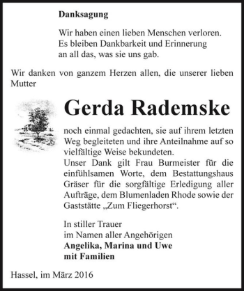 Traueranzeige von Gerda Rademske  von Magdeburger Volksstimme