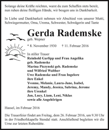 Traueranzeige von Gerda Rademske (geb. Wepner)  von Magdeburger Volksstimme
