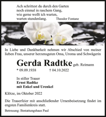 Traueranzeige von Gerda Radtke (geb. Reimann)  von Magdeburger Volksstimme