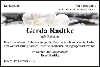 Traueranzeige von Gerda Radtke (geb. Reimann)  von Magdeburger Volksstimme