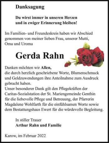 Traueranzeige von Gerda Rahn  von Magdeburger Volksstimme