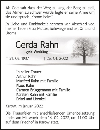 Traueranzeige von Gerda Rahn (geb. Wedding)  von Magdeburger Volksstimme