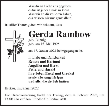Traueranzeige von Gerda Rambow (geb. Bünnig)  von Magdeburger Volksstimme