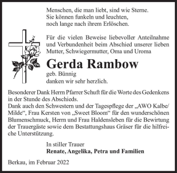 Traueranzeige von Gerda Rambow (geb. Bünnig)  von Magdeburger Volksstimme