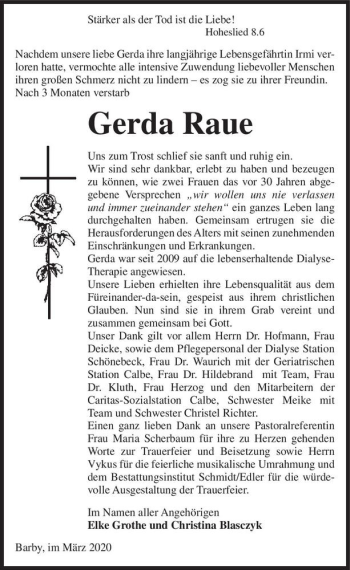 Traueranzeige von Gerda Raue  von Magdeburger Volksstimme