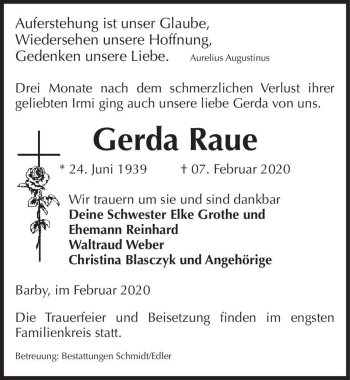 Traueranzeige von Gerda Raue  von Magdeburger Volksstimme