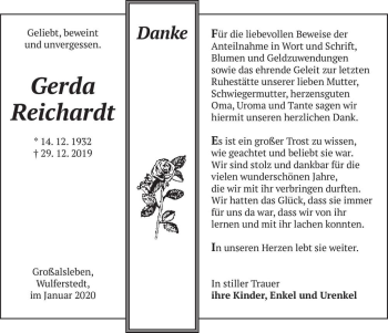 Traueranzeige von Gerda Reichardt  von Magdeburger Volksstimme
