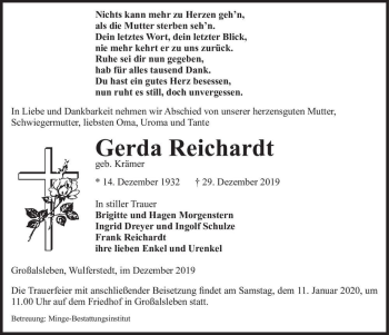 Traueranzeige von Gerda Reichardt (geb. Krämer)  von Magdeburger Volksstimme