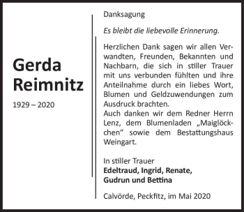 Traueranzeige von Gerda Reimnitz  von Magdeburger Volksstimme