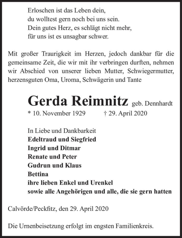  Traueranzeige für Gerda Reimnitz (geb. Dennhardt)  vom 05.05.2020 aus Magdeburger Volksstimme