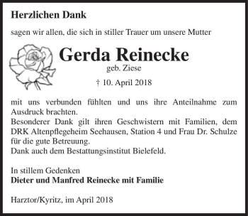 Traueranzeige von Gerda Reinecke (geb. Ziese)  von Magdeburger Volksstimme