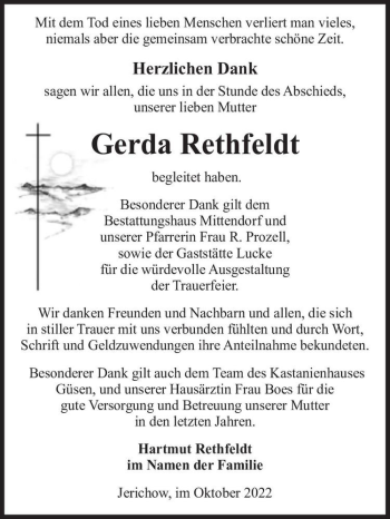 Traueranzeige von Gerda Rethfeldt  von Magdeburger Volksstimme
