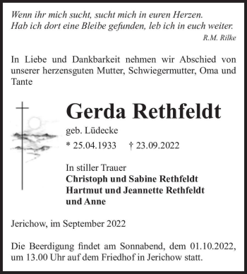 Traueranzeige von Gerda Rethfeldt (geb. Lüdecke)  von Magdeburger Volksstimme