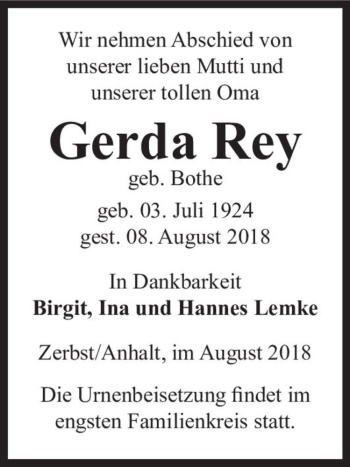 Traueranzeige von Gerda Rey (geb. Bothe)  von Magdeburger Volksstimme
