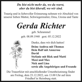 Traueranzeige von Gerda Richter (geb. Schrammel)  von Magdeburger Volksstimme