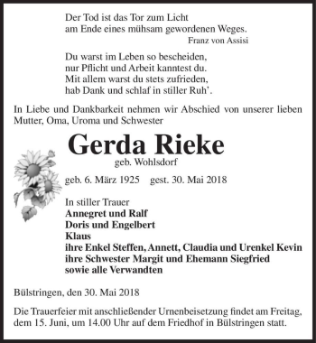 Traueranzeige von Gerda Rieke (geb. Wohlsdorf)  von Magdeburger Volksstimme