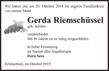 Traueranzeige von Gerda Riemschüssel (geb. Schütte)  von Magdeburger Volksstimme