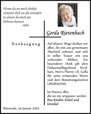 Traueranzeige von Gerda Rietenbach  von Magdeburger Volksstimme