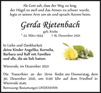 Traueranzeige von Gerda Rietenbach (geb. Krebs)  von Magdeburger Volksstimme